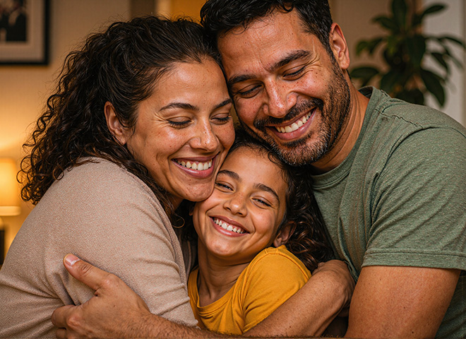 Família sorrindo junto, tom de alívio e esperança
