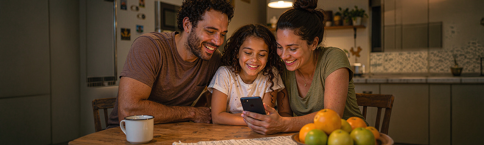 Família brasileira na mesa da cozinha, celular na mão, sorriso de alívio