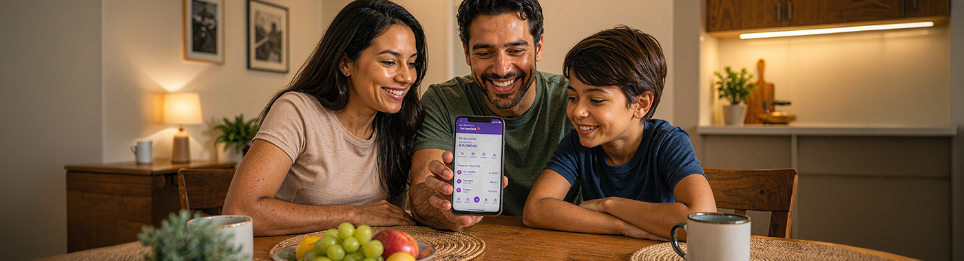 Família pequena sorrindo à mesa com o celular mostrando o app